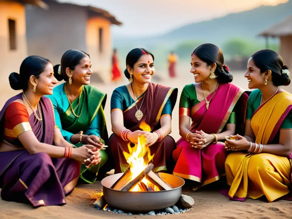 Un grupo de mujeres indias vestidas con saris tradicionales participan en una animada discusión alrededor de una fogata en una aldea rural, representando la fuerza de los lazos comunitarios femeninos y la representación femenina en el cine indio