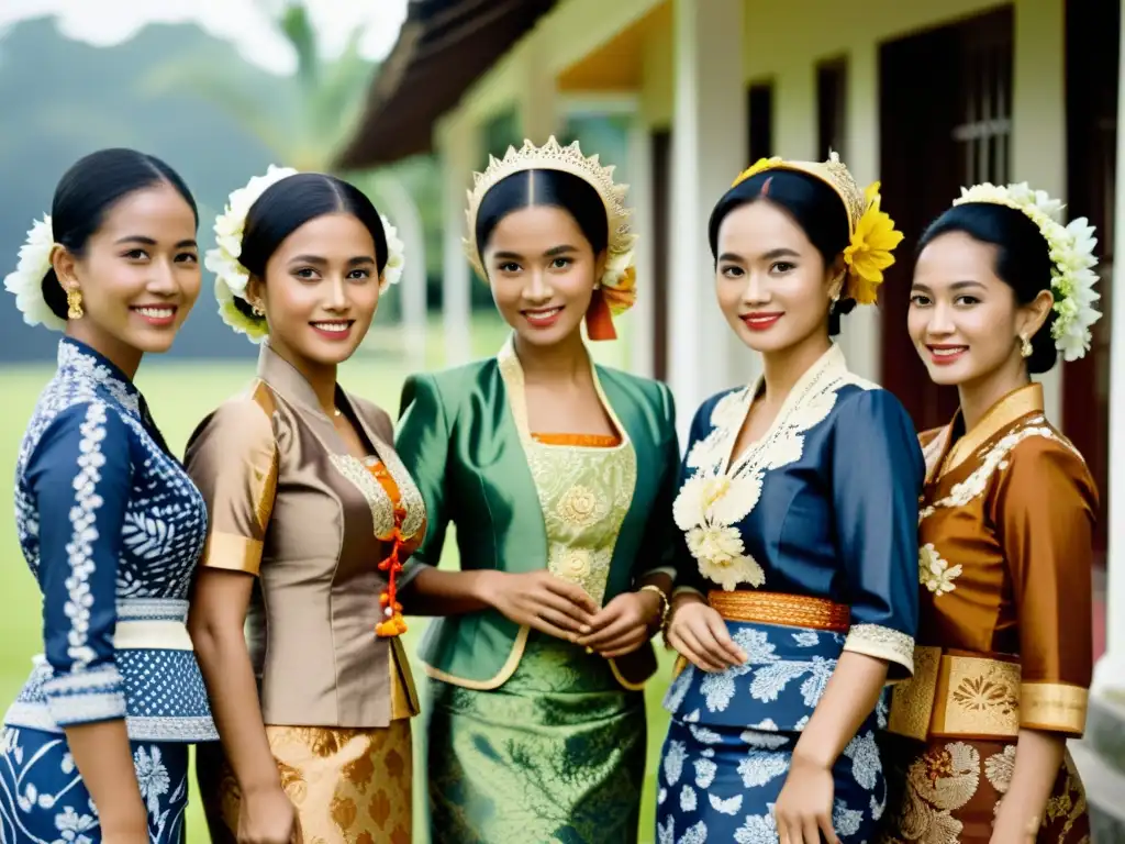 Un grupo de mujeres indonesias viste kebaya en la era colonial holandesa, mostrando la historia del kebaya en Indonesia