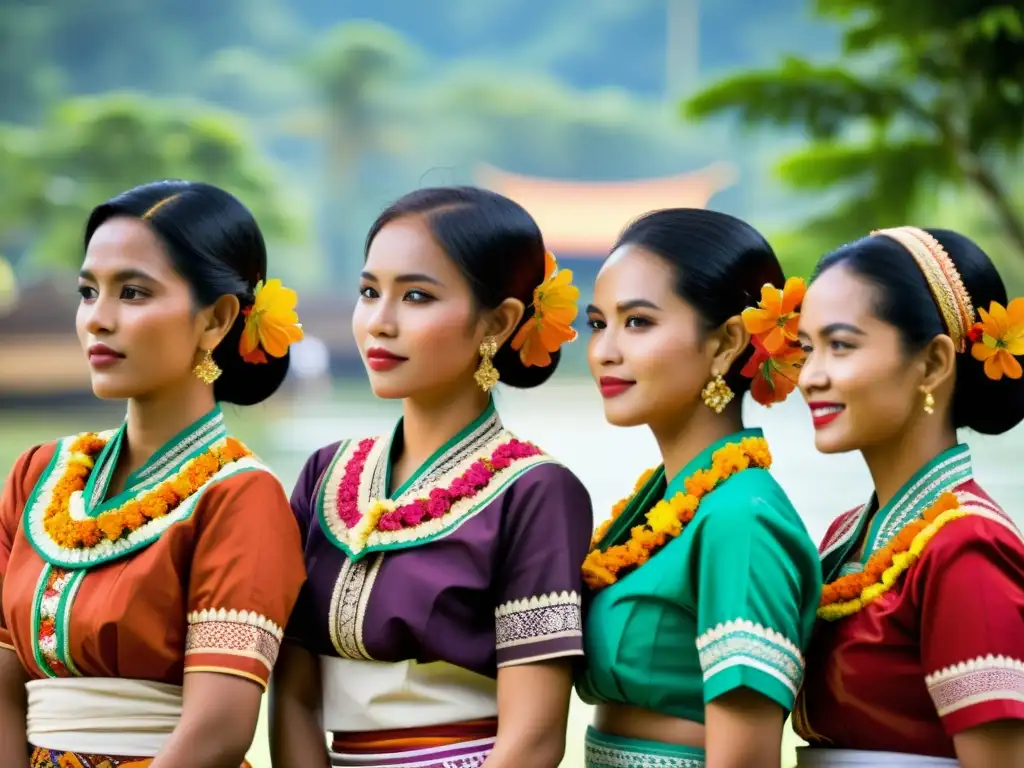 Grupo de mujeres indonesias vistiendo kebayas coloridas y bordadas en una ceremonia cultural, mostrando la historia del kebaya en Indonesia