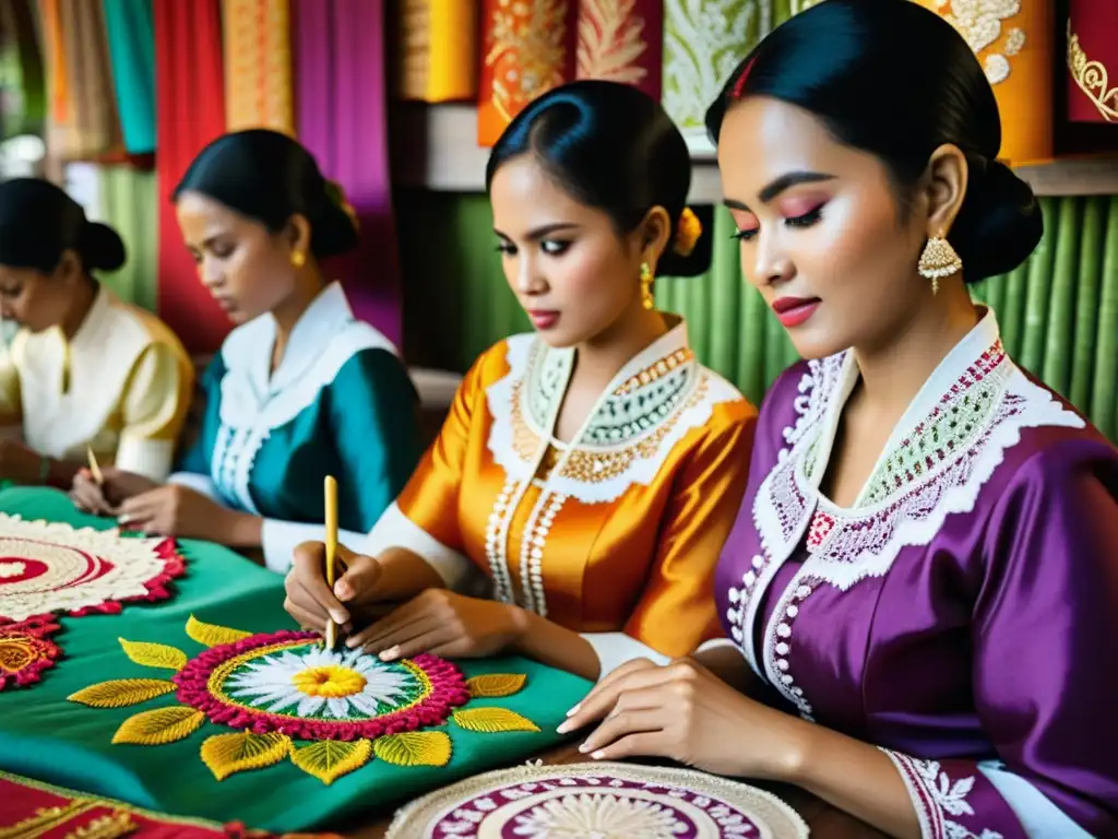 Un grupo de mujeres indonesias crea kebayas en un entorno tradicional