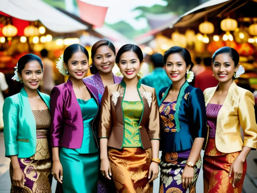 Grupo de mujeres indonesias vistiendo kebayas tradicionales en colorido mercado, reflejando la historia del kebaya en Indonesia