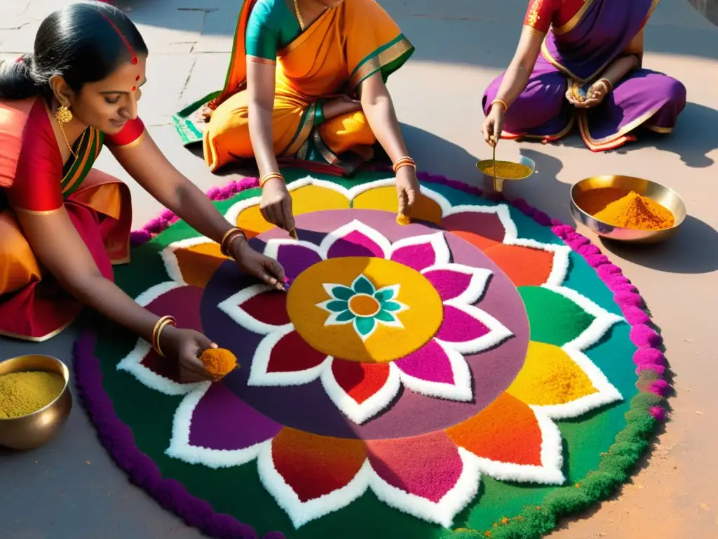 Un grupo de mujeres crea un intrincado diseño Rangoli frente a un templo hindú, resaltando el significado y el arte efímero del Hinduismo