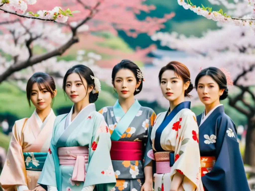 Grupo de mujeres japonesas, algunas vistiendo kimonos coloridos y otras atuendos modernos, destacándose entre los cerezos en flor