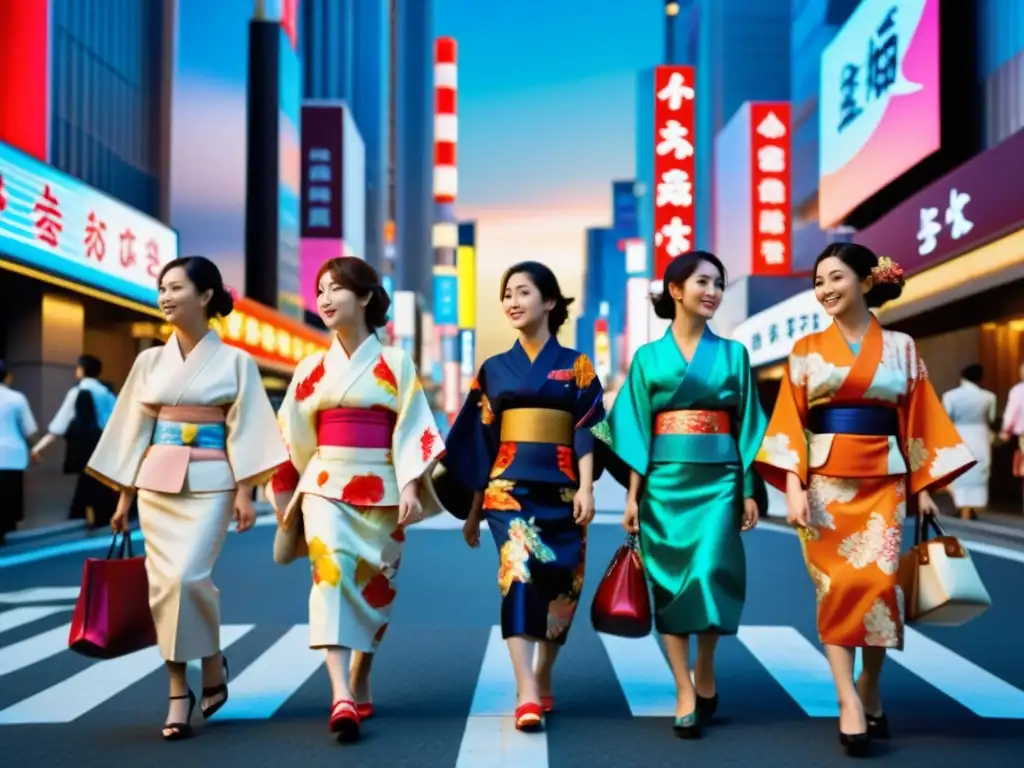 Grupo de mujeres japonesas modernas visten kimonos tradicionales, pasean por la bulliciosa ciudad, fusionando enigmas feminidad cultura japonesa