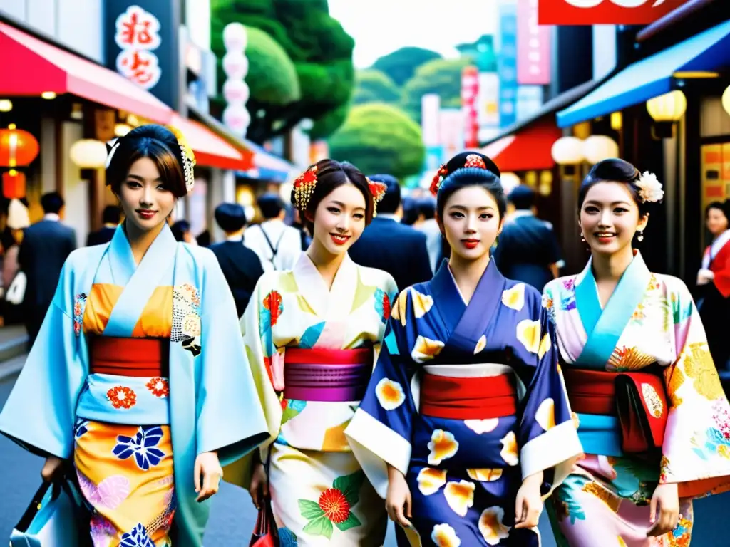 Grupo de mujeres jóvenes con kimonos coloridos caminan por las calles de Harajuku, Tokyo, reflejando la enigmática feminidad de la cultura japonesa