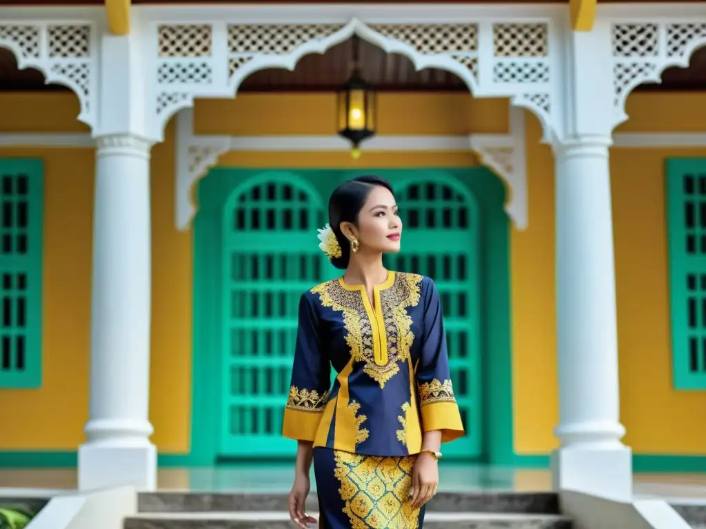 Grupo de mujeres malayas con elegantes trajes Baju Kurung frente a un edificio histórico, mostrando la moda y la elegancia de la tradición malaya