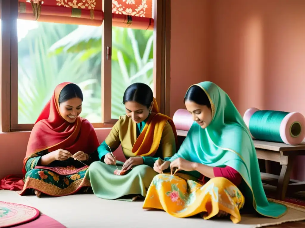 Grupo de mujeres malayas cosiendo a mano trajes Baju Kurung con elegancia y destreza, reflejando la artesanía y moda malaya