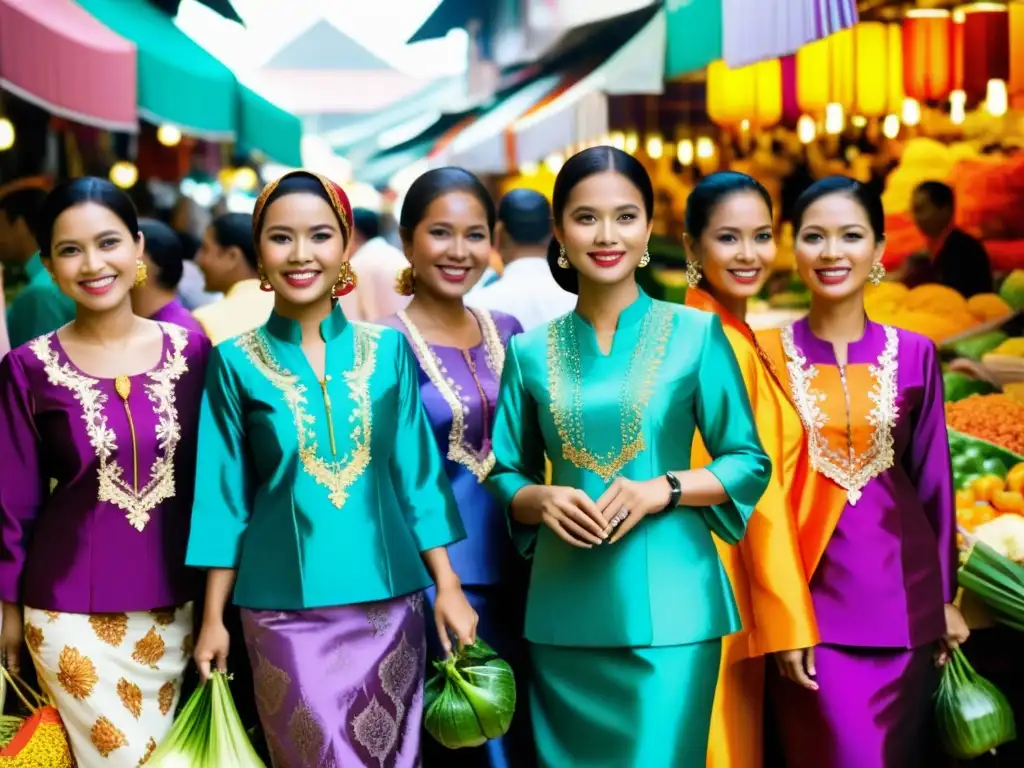 Un grupo de mujeres malayas viste trajes Baju Kurung en un bullicioso mercado de Kuala Lumpur, capturando la elegancia y la moda de la cultura malaya