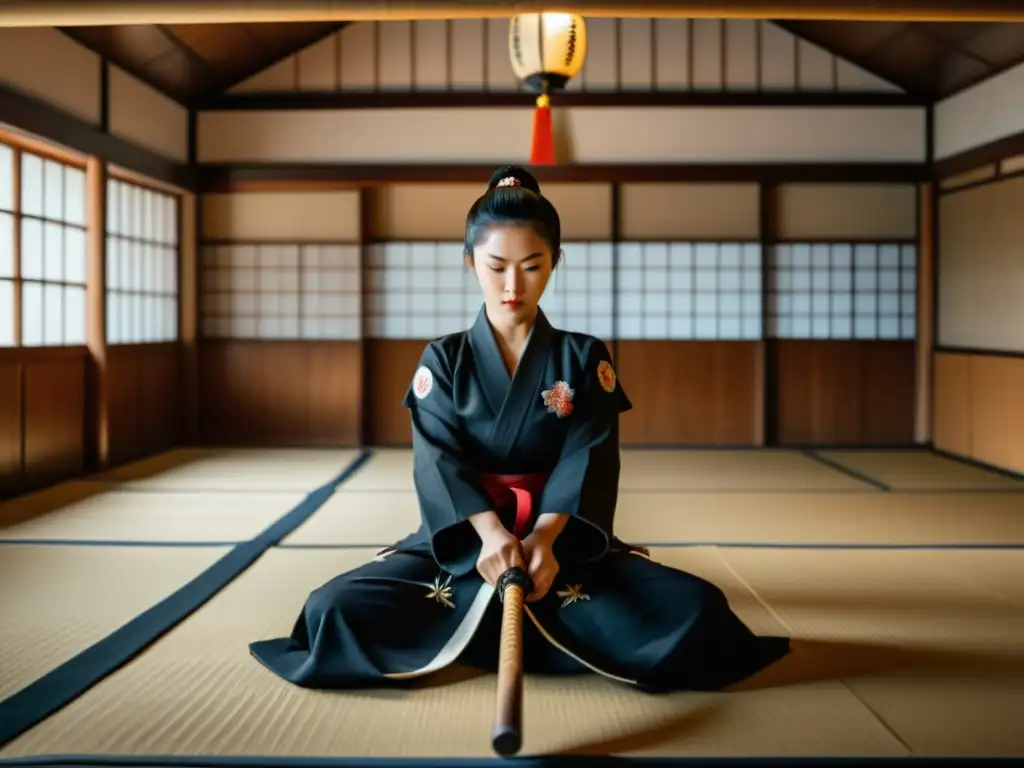 Grupo de mujeres samuráis entrenando en un dojo japonés, reflejando la influencia del Bushido en el Manga con fuerza y gracia