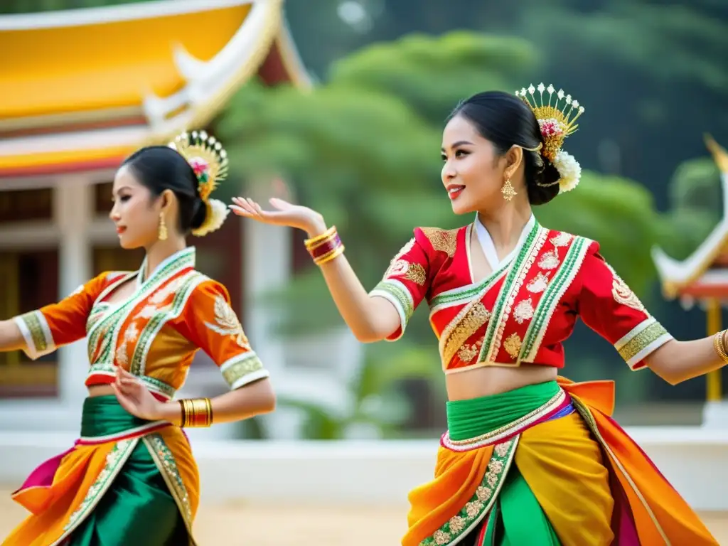 Un grupo de mujeres tailandesas danza con trajes tradicionales en un festival, mostrando la historia y belleza de la vestimenta tailandesa