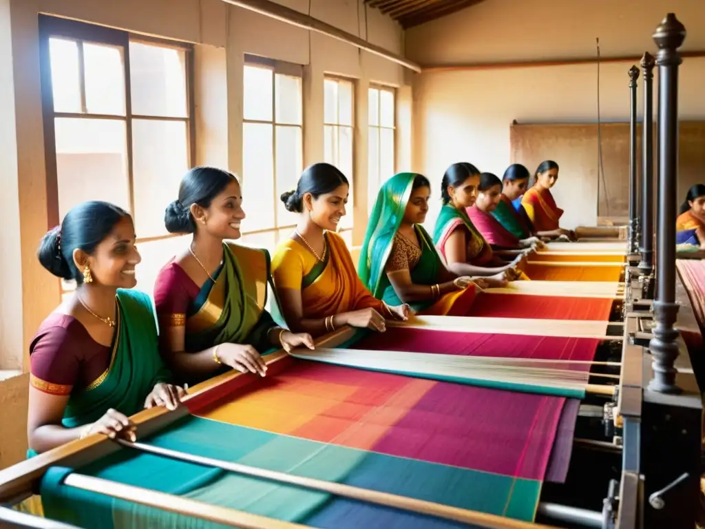 Tejedoras de sari: tradición y destreza en la India Un grupo de mujeres teje en un taller textil indio, con saris coloridos y un telar