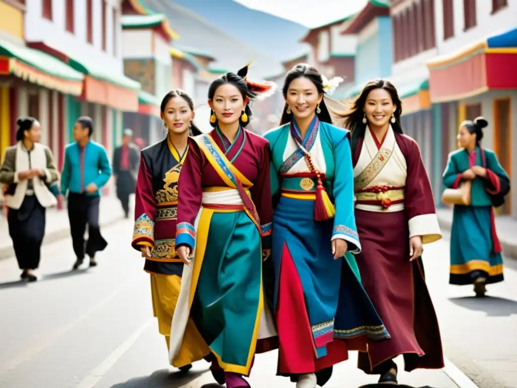 Un grupo de mujeres tibetanas camina por una bulliciosa calle de la ciudad luciendo trajes típicos del Tíbet reimaginados, destacando la fusión de la tradición y la modernidad