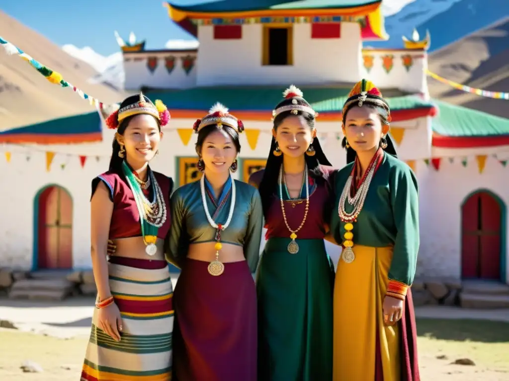 Grupo de mujeres tibetanas vistiendo trajes típicos y joyas, con el templo y las montañas del Himalaya de fondo