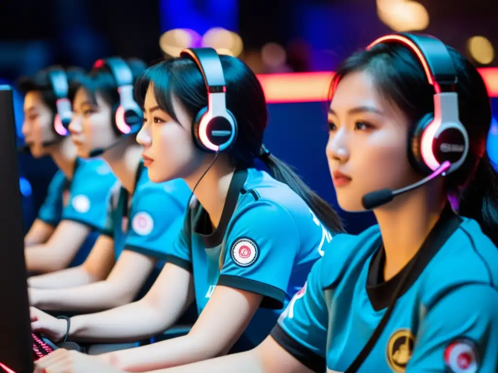 Un grupo de mujeres en un torneo de eSports en Asia, compitiendo con determinación