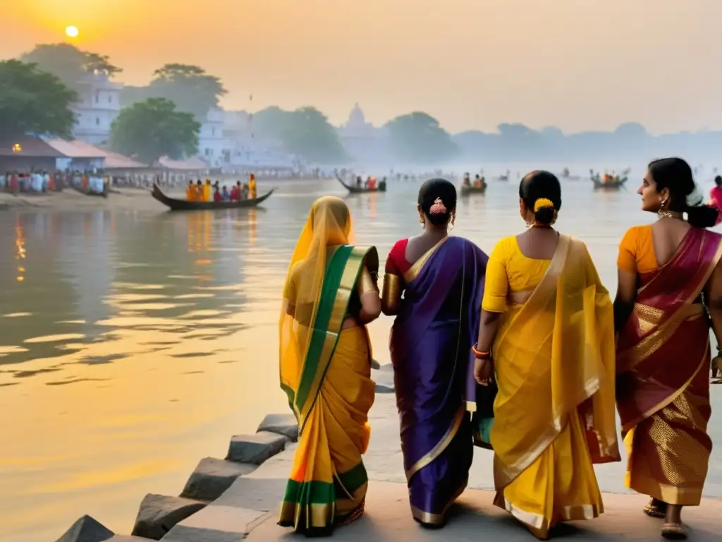 Un grupo de mujeres en saris tradicionales participa en una ceremonia religiosa a orillas del río Ganges al amanecer, reflejando el tema 'Hinduismo y mujer: roles y retos'