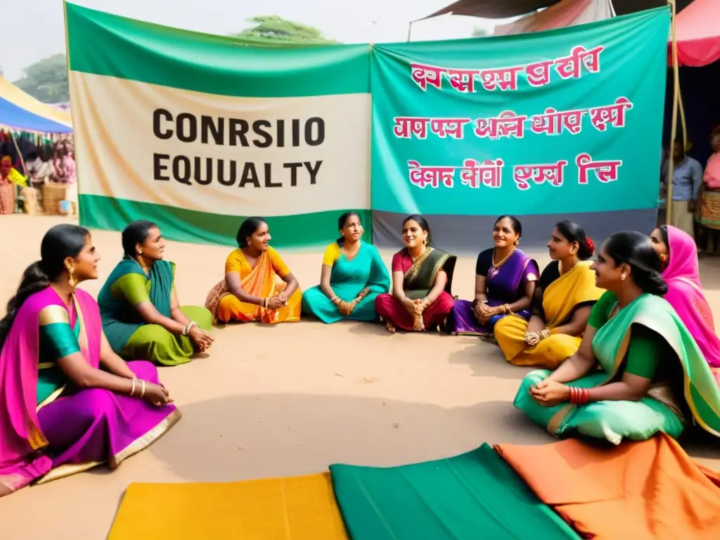 Un grupo de mujeres Pariah en sarees tradicionales discuten igualdad social en la India, rodeadas de pancartas de protesta