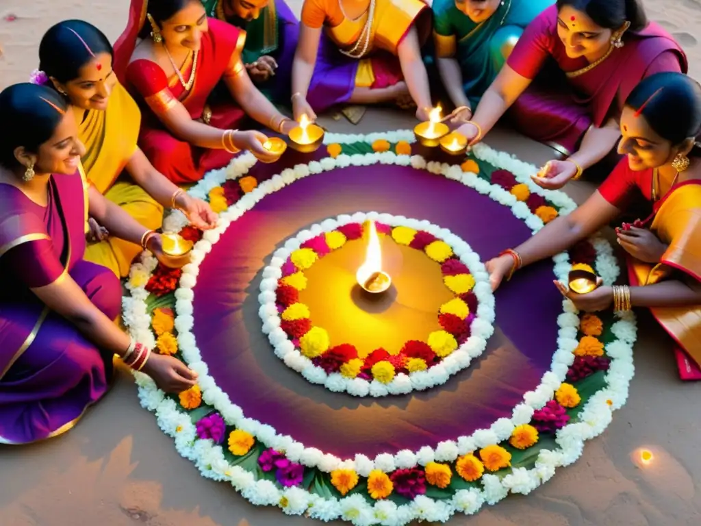 Grupo de mujeres con saris tradicionales y lámparas encendidas en un hermoso Rangoli, evocando el significado espiritual de Diwali