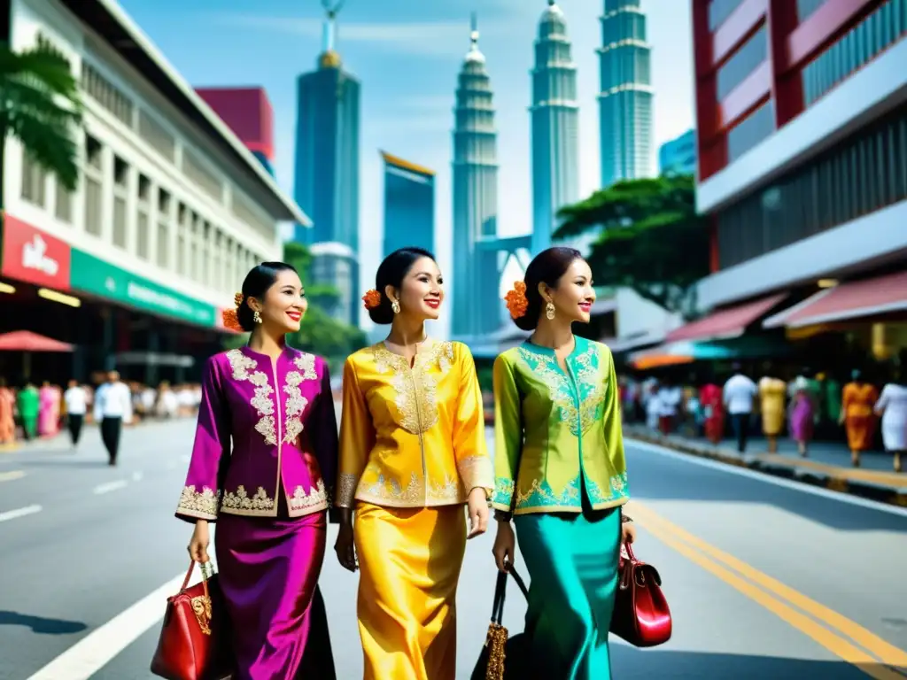 Un grupo de mujeres elegantemente vestidas con Baju Kurung, caminando con gracia por una bulliciosa calle de Kuala Lumpur