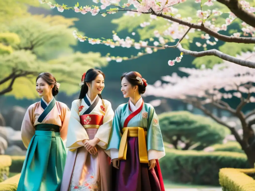 Grupo de mujeres con vestimentas tradicionales de Hanbok y Hanfu en un jardín con árboles de cerezo