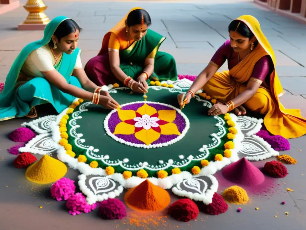 Un grupo de mujeres crea un vibrante y detallado diseño de Rangoli frente a un templo hindú