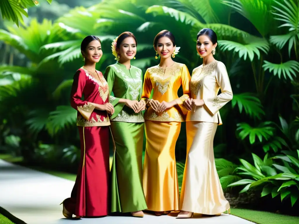 Un grupo de mujeres viste el vibrante y elaborado traje Baju Kurung en un entorno natural, destacando la elegancia de la moda malaya