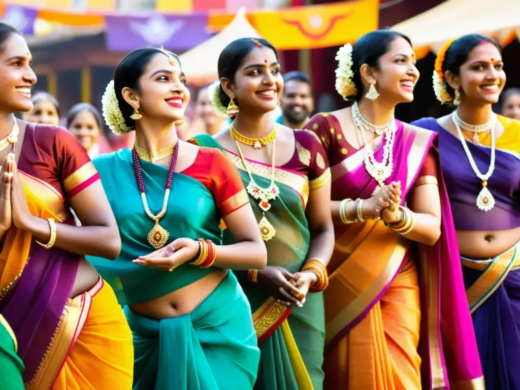 Grupo de mujeres en vibrantes sarees, bailando en festival del Hinduismo tradicionales, expresando devoción y tradición cultural