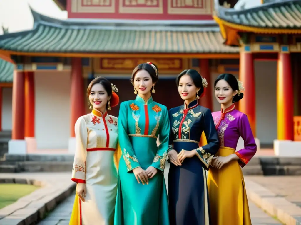 Un grupo de mujeres vietnamitas viste elegantes Ao Dai en colores vibrantes frente a arquitectura colonial