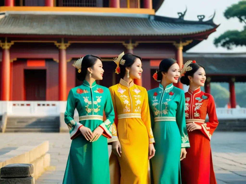 Un grupo de mujeres vietnamitas viste elegantes Ao Dai frente a una pagoda histórica, resaltando el significado histórico del Ao Dai en Vietnam