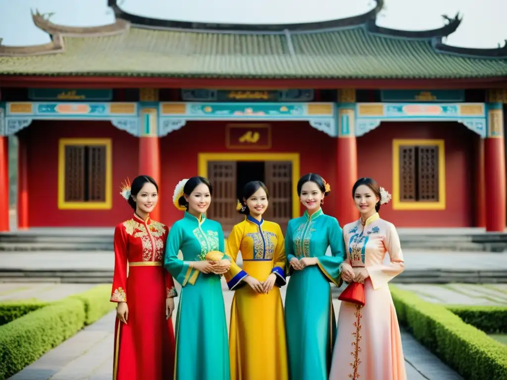 Un grupo de mujeres vietnamitas viste elegantes Ao Dai en un escenario tradicional