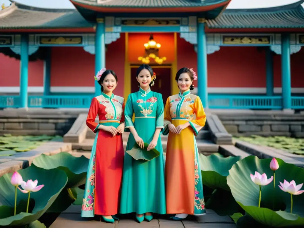 Un grupo de mujeres vietnamitas viste elegantes Ao Dai frente a un templo histórico, sosteniendo flores de loto