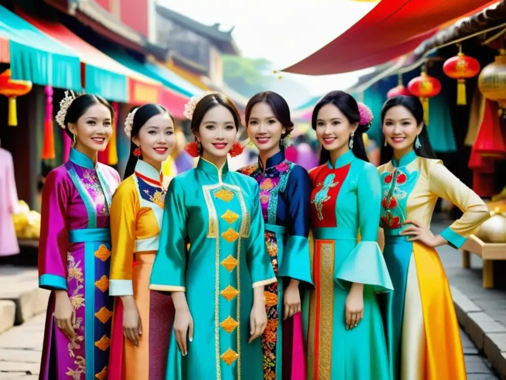 Un grupo de mujeres vietnamitas viste Ao Dai, representando diferentes épocas históricas