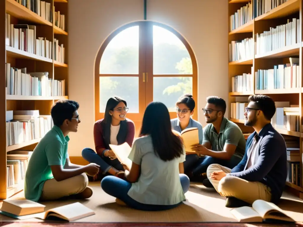 Grupo multicultural de estudiantes de literatura debatiendo en círculo, rodeados de libros y papeles, influencias literatura India en el extranjero