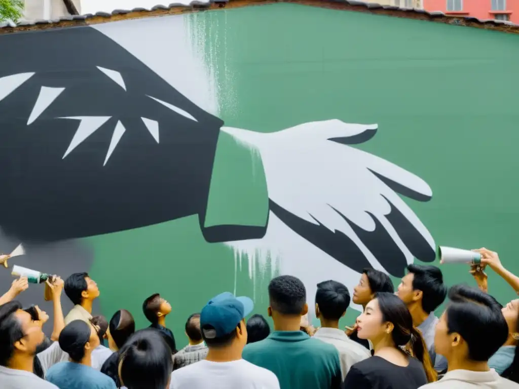 Grupo observa mural en ciudad asiática, reflejando libertad de expresión en Asia