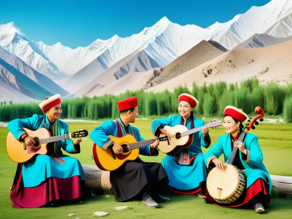 Un grupo musical tradicional de minorías étnicas en China interpreta melodías vibrantes al aire libre, rodeado de paisajes impresionantes