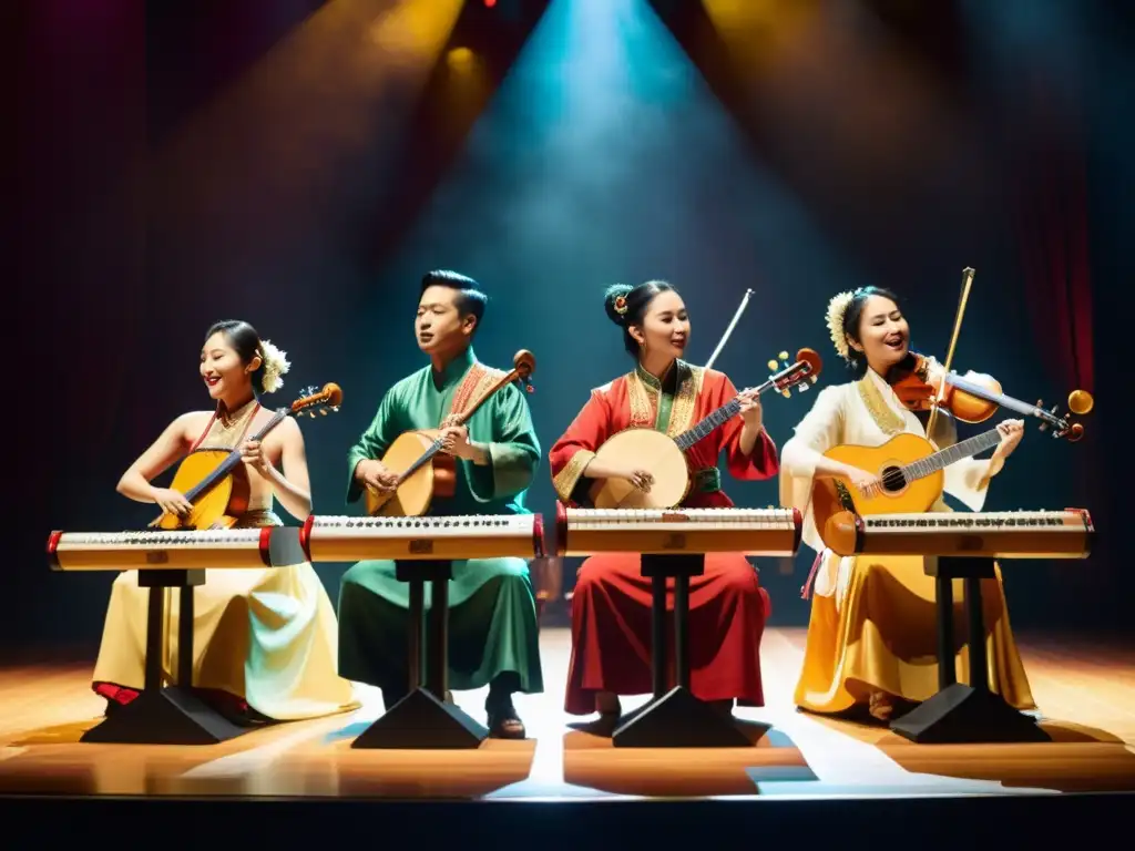 Grupo de músicos fusionando música asiática tradicional con elementos modernos en un escenario iluminado cálidamente