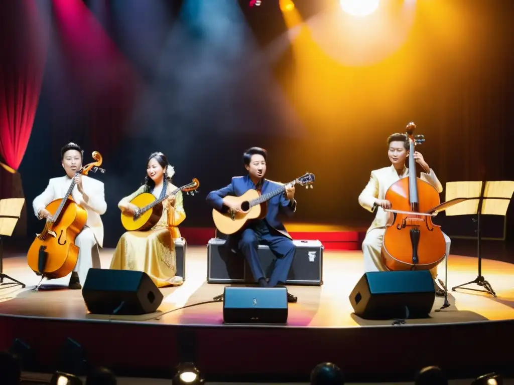 Grupo de músicos asiáticos en escenario, fusionando instrumentos tradicionales y modernos