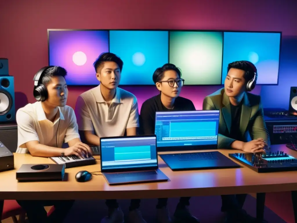 Grupo de músicos asiáticos colaborando en producción musical y streaming, inmersos en la cultura pop asiática