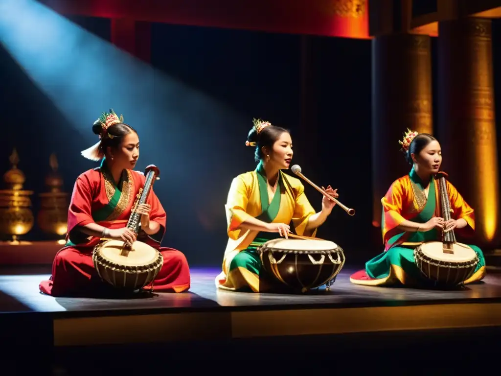 Un grupo de músicos asiáticos con trajes vibrantes ejecutan instrumentos tradicionales en un escenario iluminado con pasión