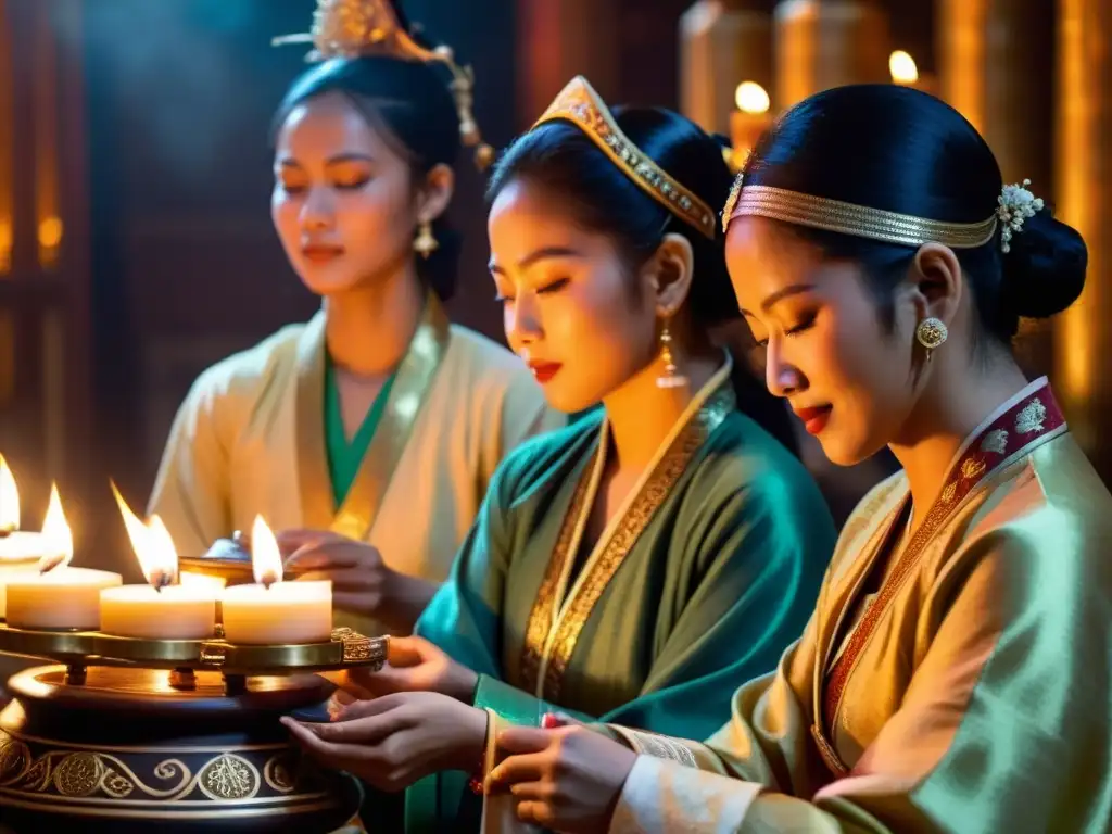 Grupo de músicos en atuendo asiático ejecutando un ritual sanador, rodeados de velas y ornamentos