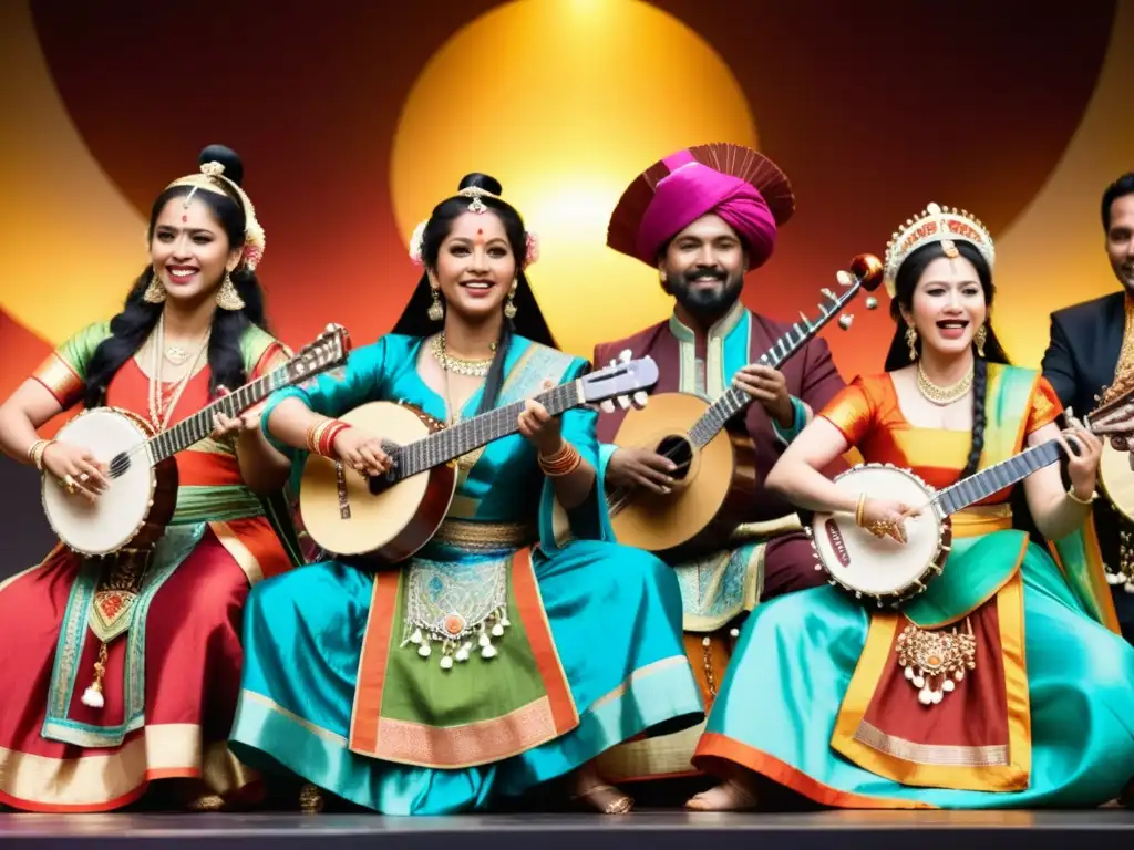 Grupo de músicos y cantantes con trajes tradicionales en escenario asiático, destacando la función de la música en Asia