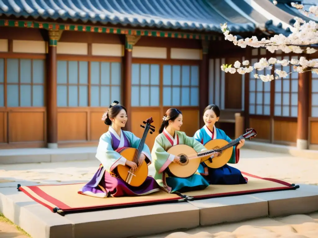 Grupo de músicos coreanos tradicionales interpretando instrumentos tradicionales en un patio coreano con árboles de cerezo en flor