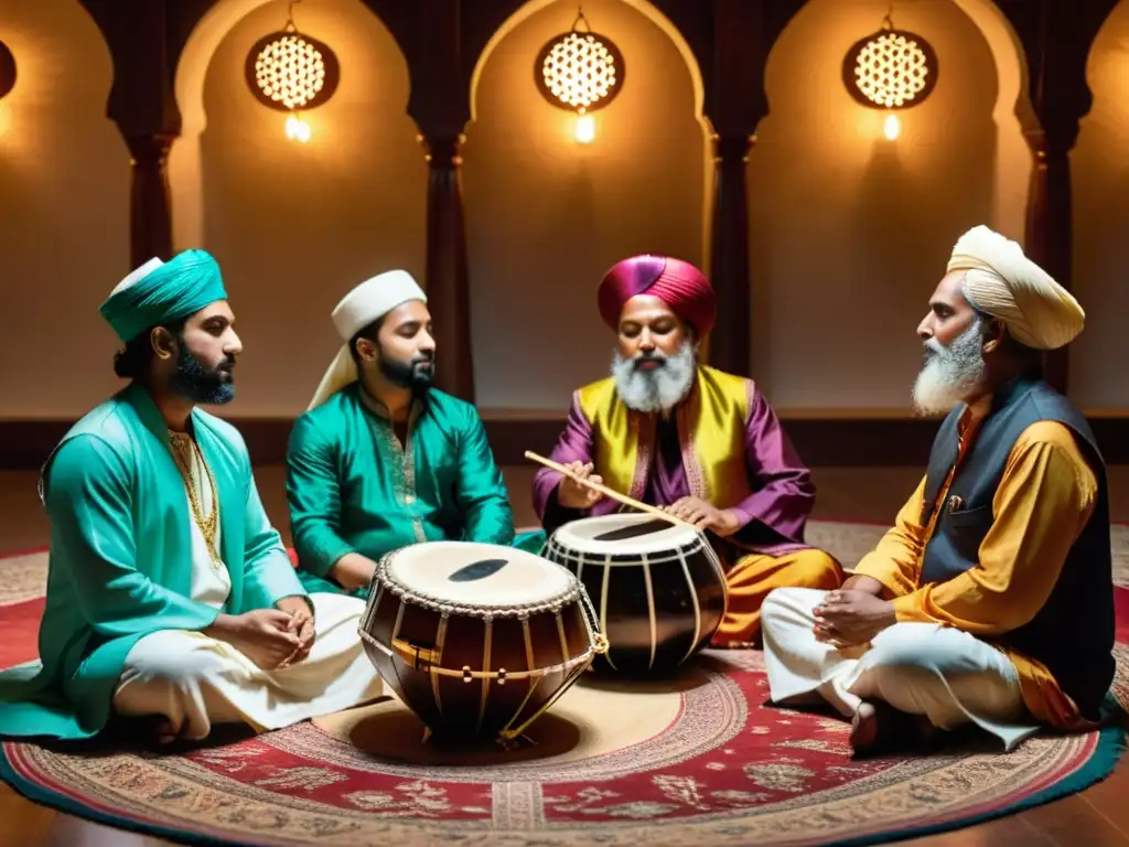 Grupo de músicos sufi en éxtasis, tocando instrumentos tradicionales en un ambiente transcendental