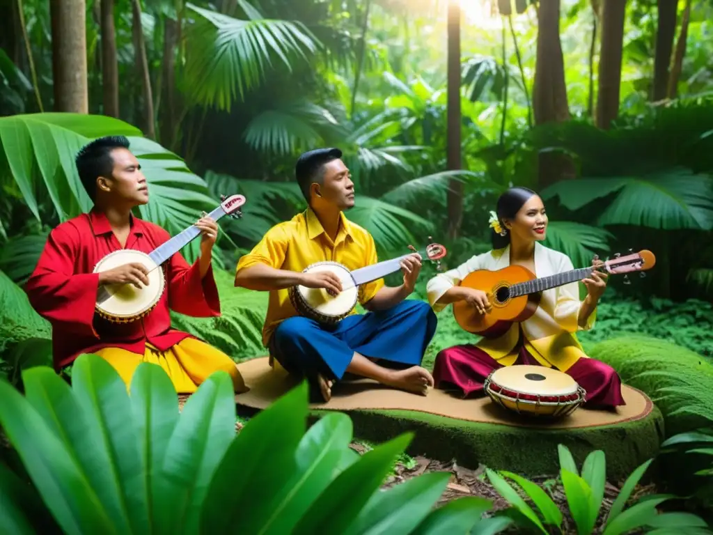 Un grupo de músicos filipinos toca instrumentos tradicionales en un exuberante bosque tropical