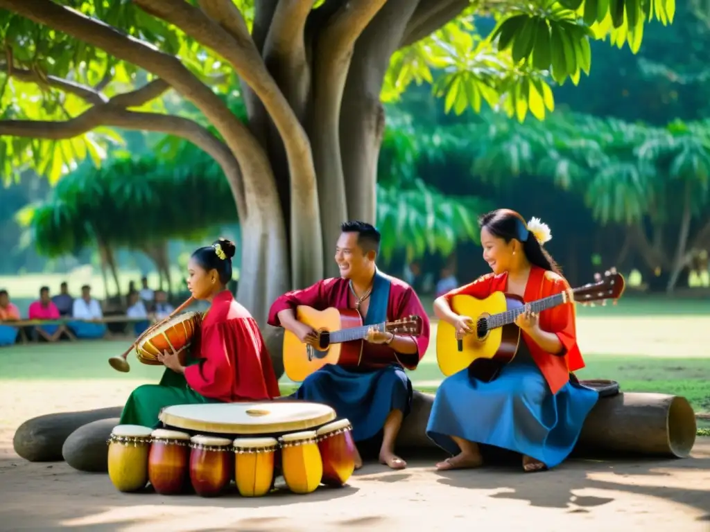 Un grupo de músicos filipinos tocan instrumentos tradicionales bajo un árbol de mango