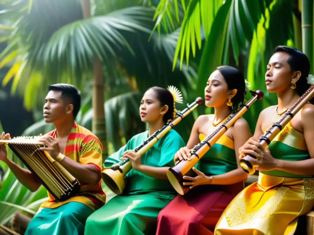 Grupo de músicos filipinos tocando instrumentos tradicionales rodeados de naturaleza