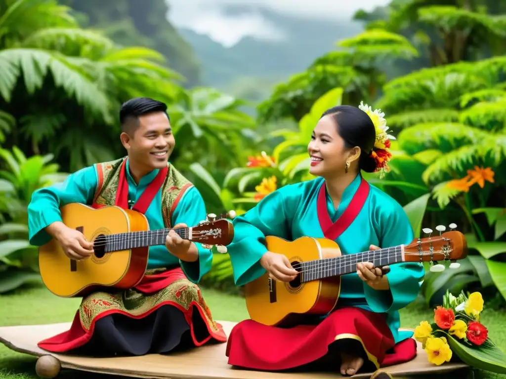 Grupo de músicos filipinos tocando instrumentos tradicionales rodeados de exuberante vegetación y flores tropicales