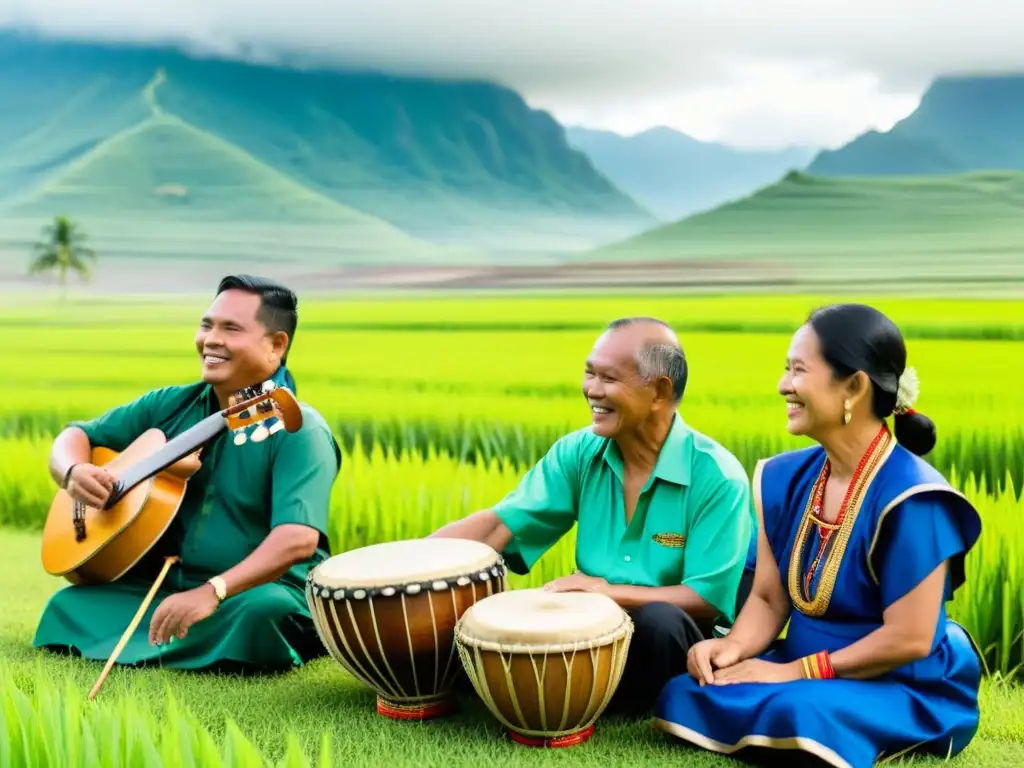 Un grupo de músicos filipinos tocan instrumentos tradicionales rodeados de gente diversa en un entorno natural