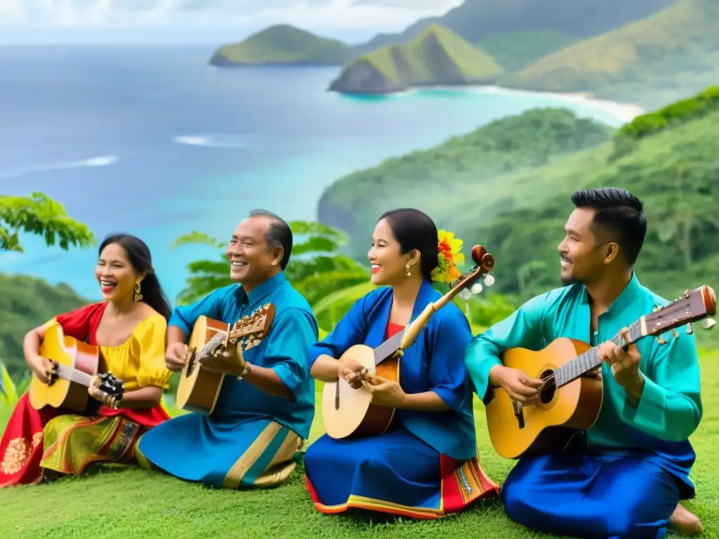 Un grupo de músicos filipinos interpretando música folclórica tradicional en un entorno natural exuberante, con influencias culturales vibrantes