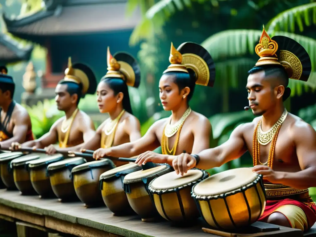 Grupo de músicos de Bali tocan instrumentos, creando patrones rítmicos hipnóticos con intensa concentración y atuendos tradicionales vibrantes