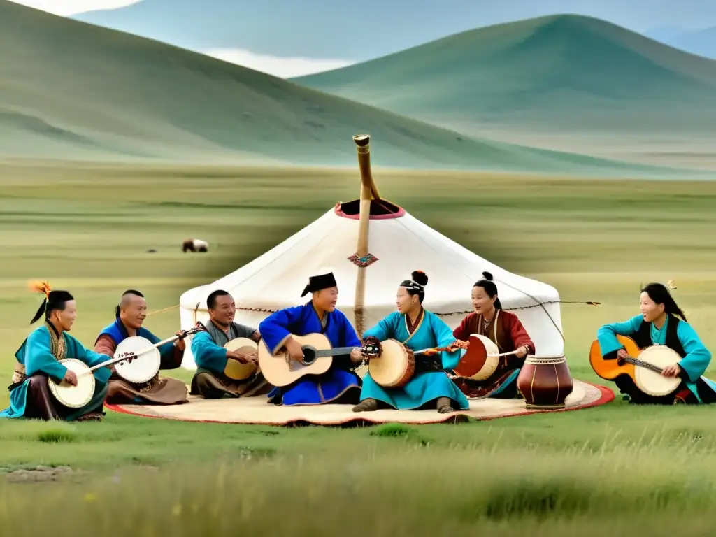 Grupo de músicos de Mongolia tocando instrumentos tradicionales en la pradera, creando música tradicional Mongolia cantos garganta